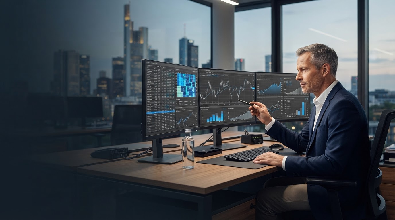 Krozax Fin Team bei der Analyse von Marktdaten im Büro